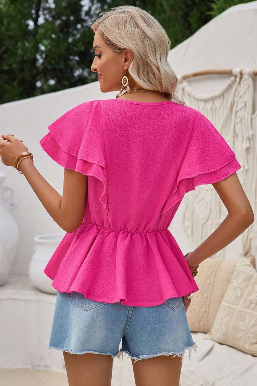 "SheWin Women's Rose Red Ruffle Sleeve V-Neck Peplum Blouse"
