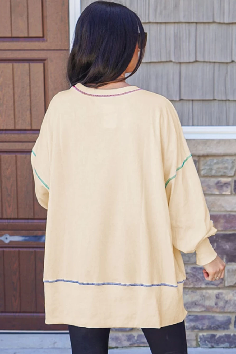 Shewin Women's White Oversized Sweatshirt with Contrast Stitching & Side Split Detail