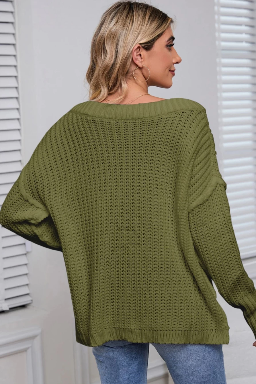 Shewin Women's Pickle Green Ribbed Knit Chunky Sweater - Slouchy Round Neck Pullover
