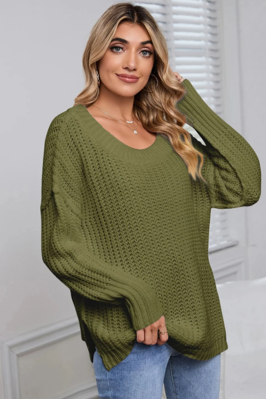Shewin Women's Pickle Green Ribbed Knit Chunky Sweater - Slouchy Round Neck Pullover