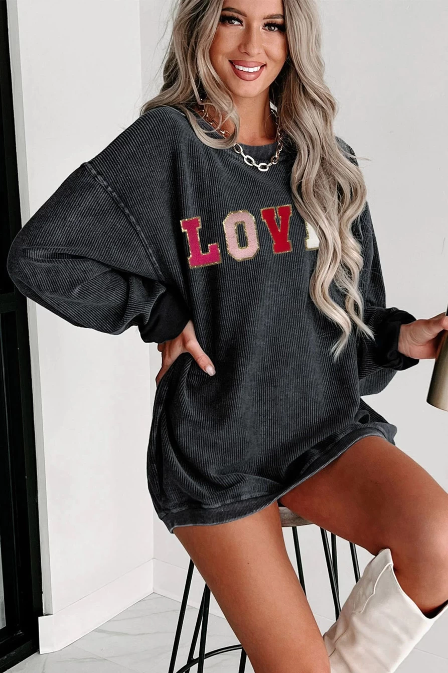 Shewin Women's Black Glitter Love Letter Graphic Oversized Sweatshirt