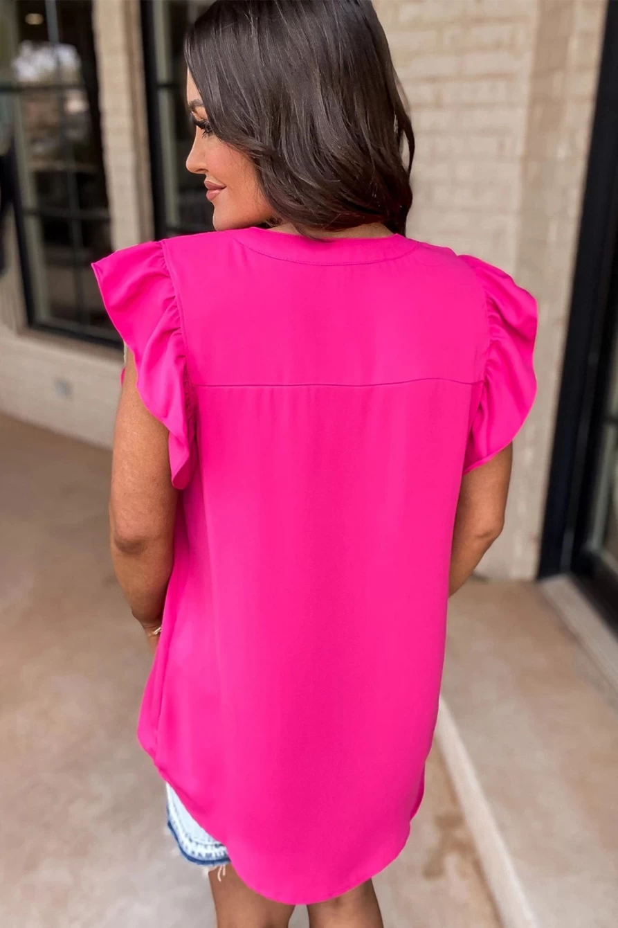 "SheWin Women's Rose Red Notched Neck Blouse with Ruffle Sleeves"