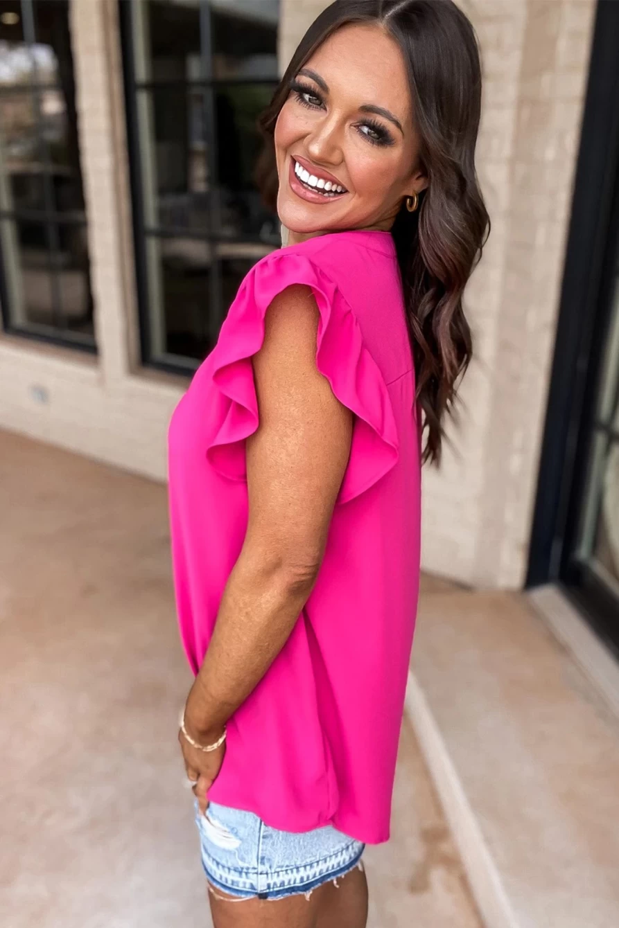 "SheWin Women's Rose Red Notched Neck Blouse with Ruffle Sleeves"
