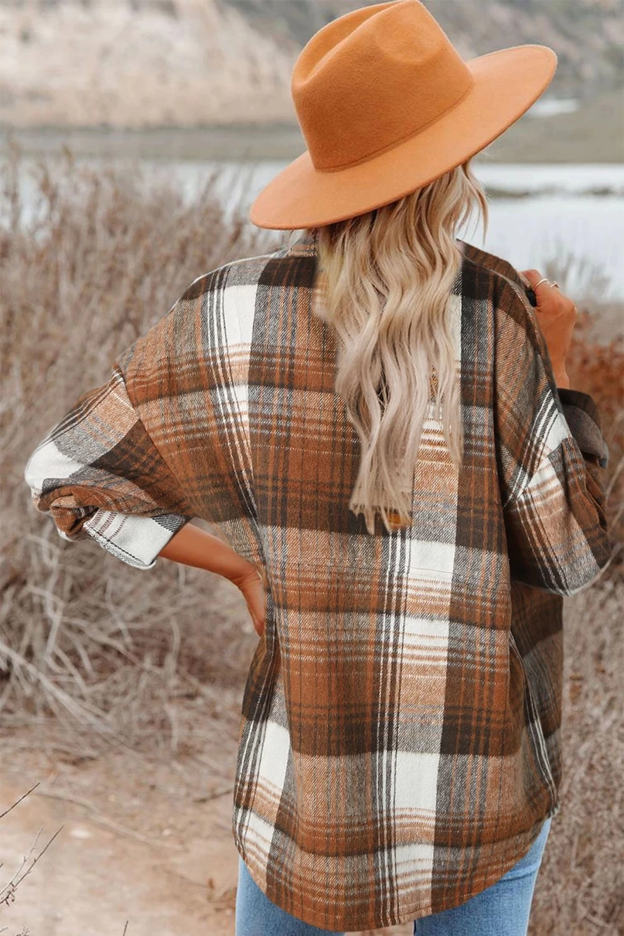 Women's Gold Flame Plaid Flannel Shacket with Button-Up Collar by Shewin