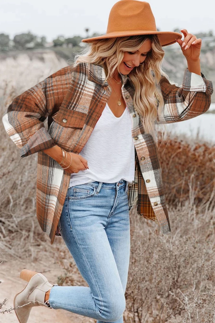 Women's Gold Flame Plaid Flannel Shacket with Button-Up Collar by Shewin