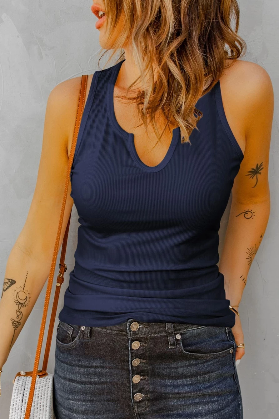 Shewin Women's Blue Ribbed Knit Tank Top - Split Neck Basic Casual Top