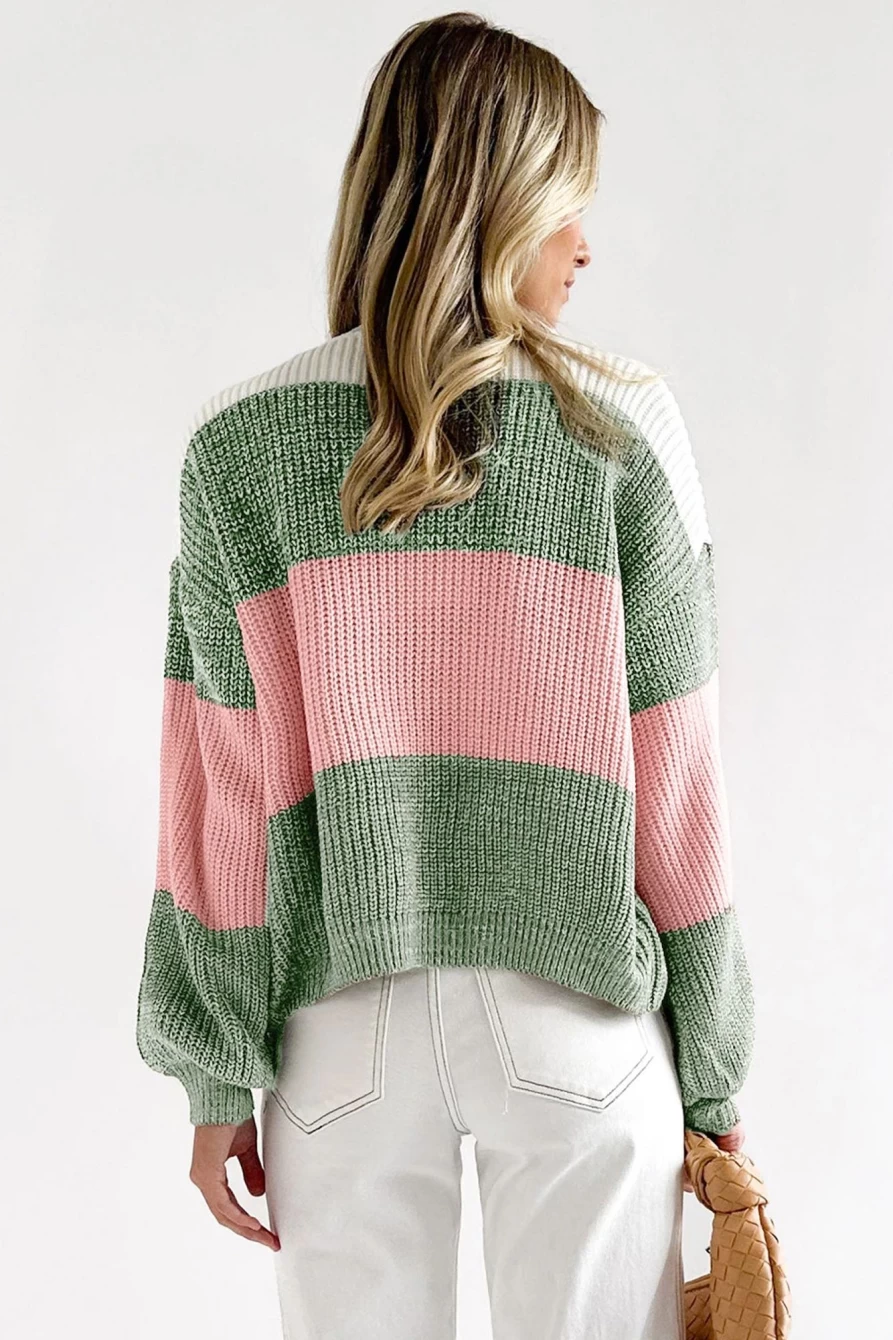 Shewin Women's Green-2 Colorblock Drop Shoulder Loose Knit Sweater Pullover