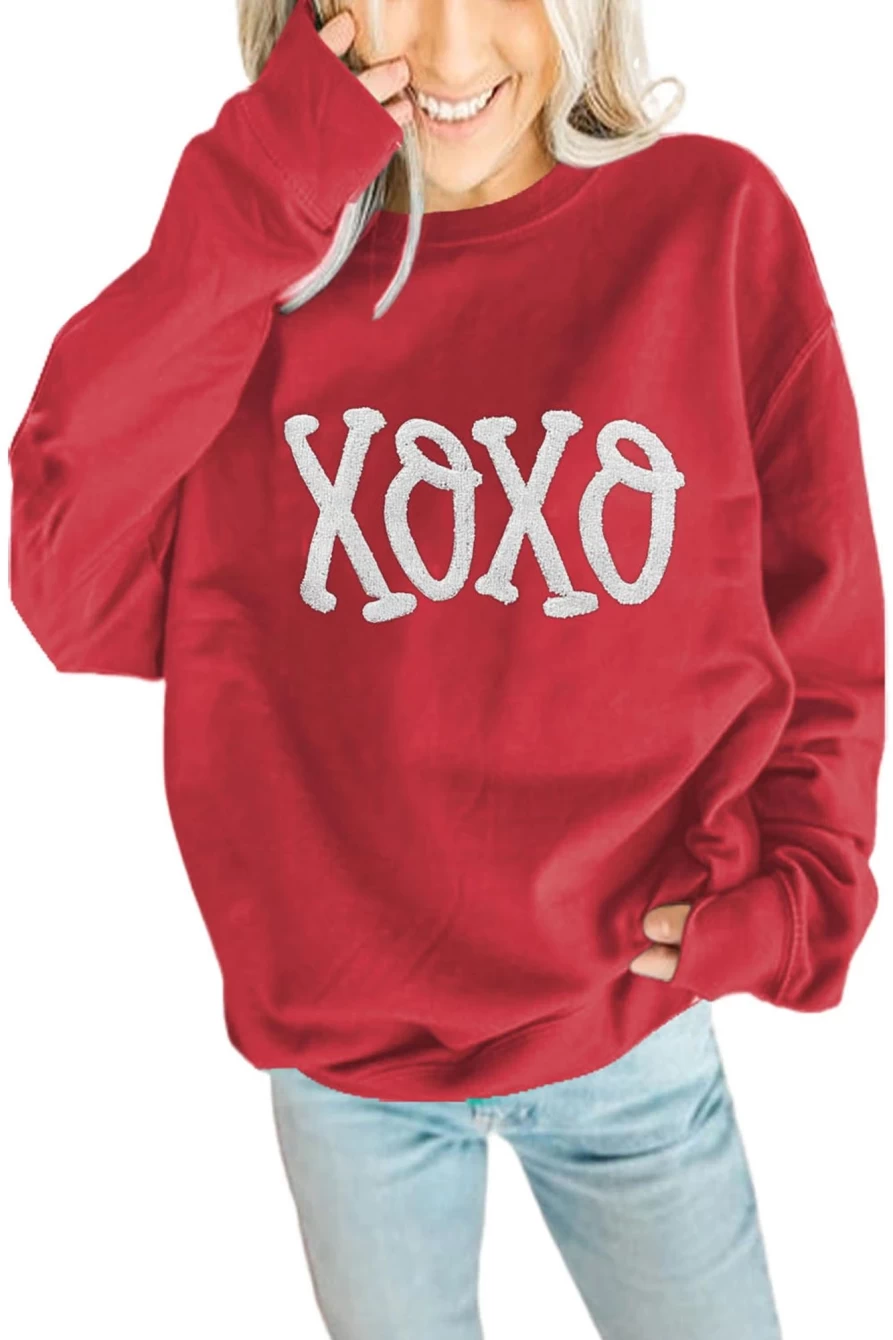 Shewin Women's Racing Red Drop Sleeve Pullover Sweatshirt - XOXO Print Cozy Knit Top