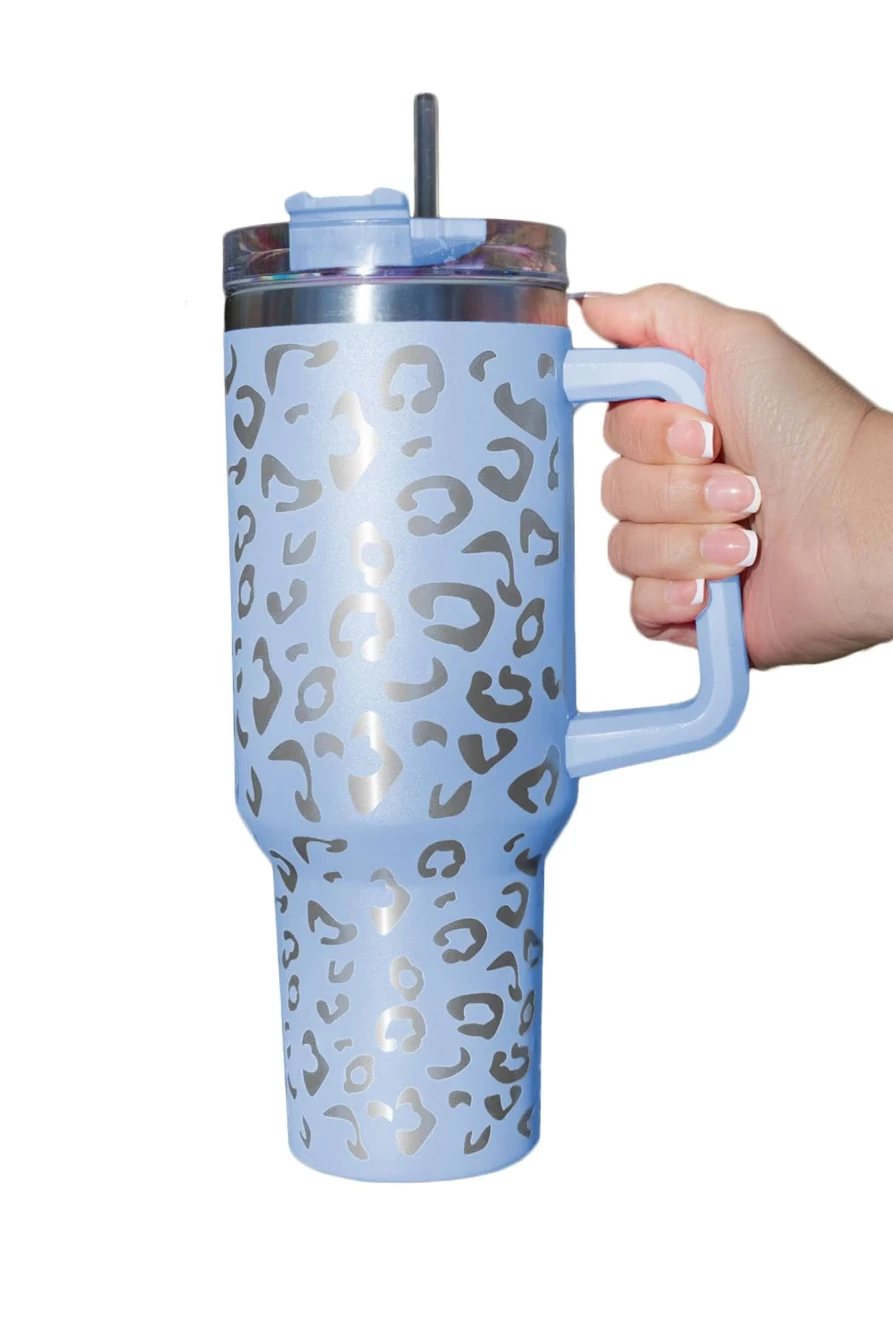 Shewin Sky Blue Leopard Print Stainless Steel Double Wall Tumbler with Handle for Women