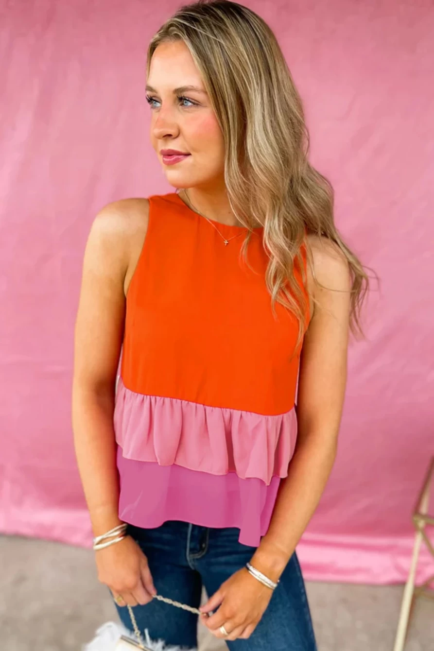 Shewin Women's Orange Colorblock Layered Ruffle Sleeveless Blouse Top