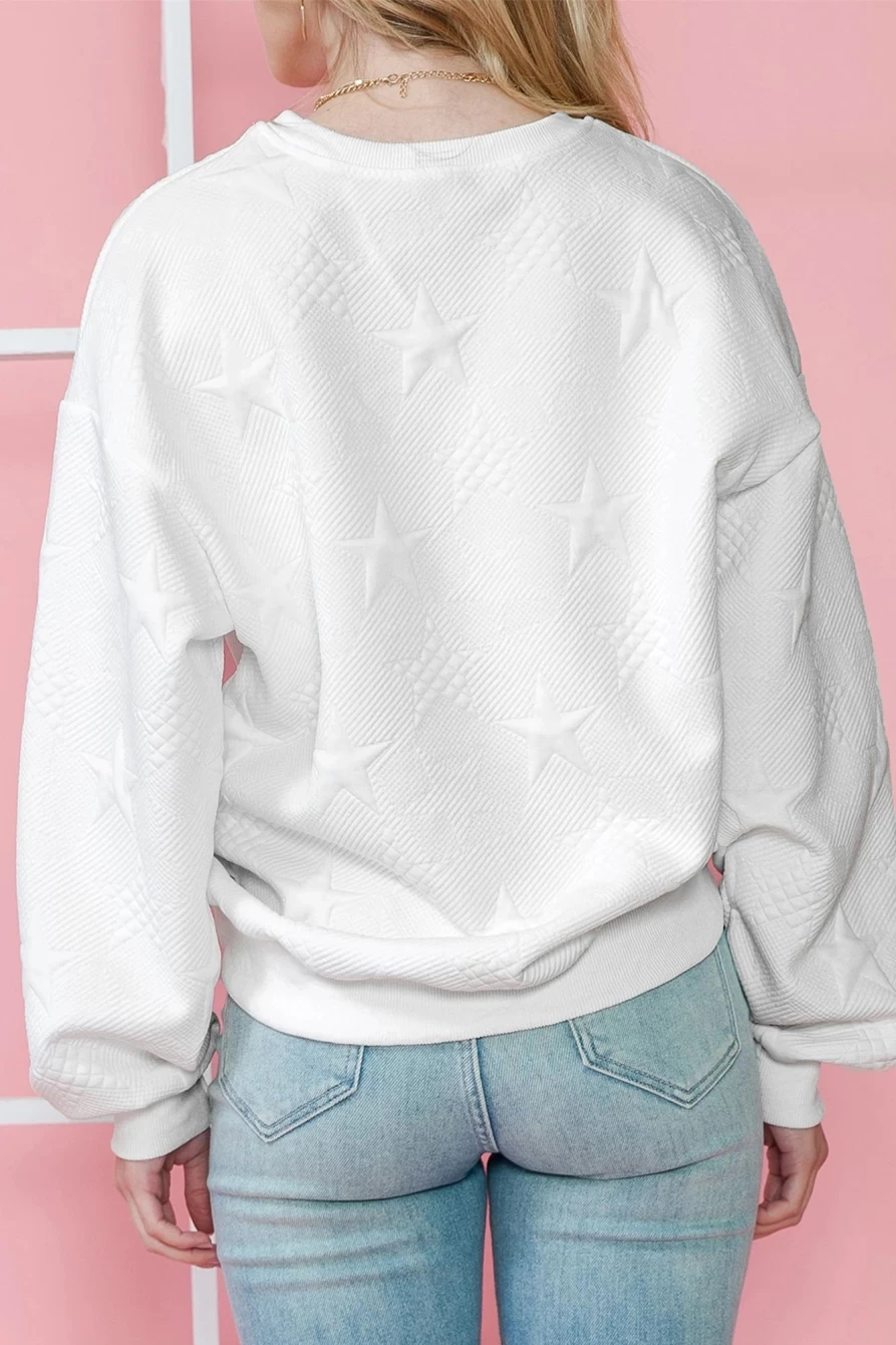 Shewin Women's White Star Embossed Textured Drop Shoulder Sweatshirt - Casual Comfort Fit Pullover