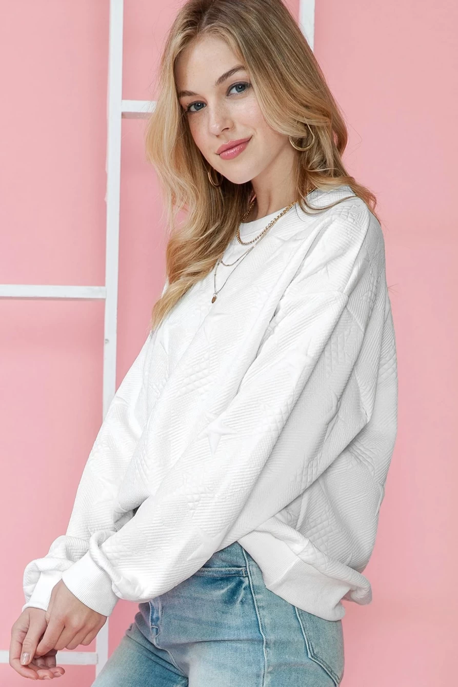 Shewin Women's White Star Embossed Textured Drop Shoulder Sweatshirt - Casual Comfort Fit Pullover
