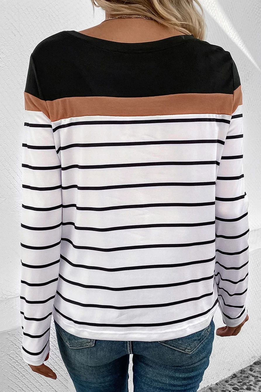 Shewin Women's Black & White Striped Long Sleeve Contrast Top