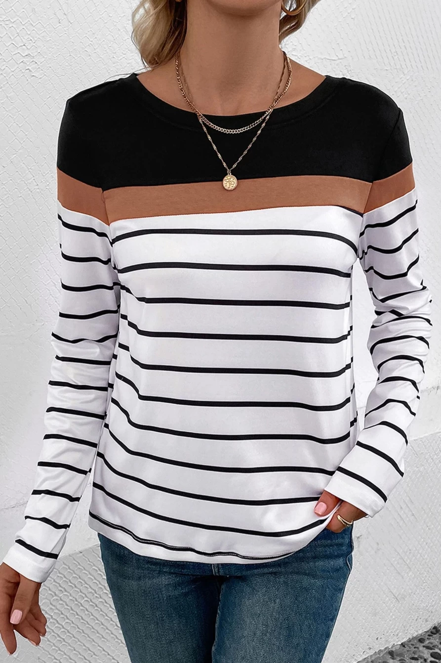 Shewin Women's Black & White Striped Long Sleeve Contrast Top