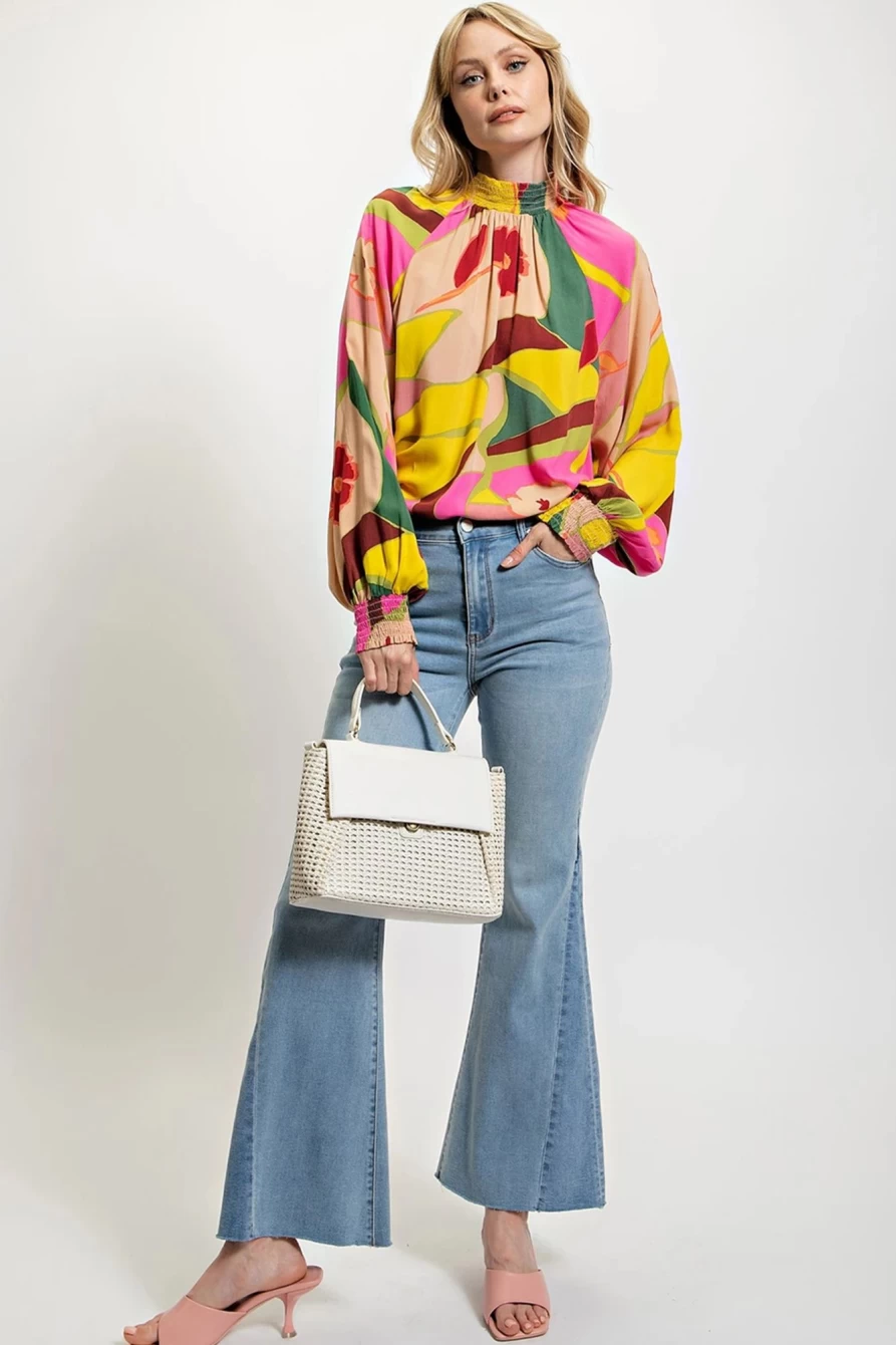 Shewin Women's Boho Blouse with Abstract Print & Shirred Cuffs in Multicolor
