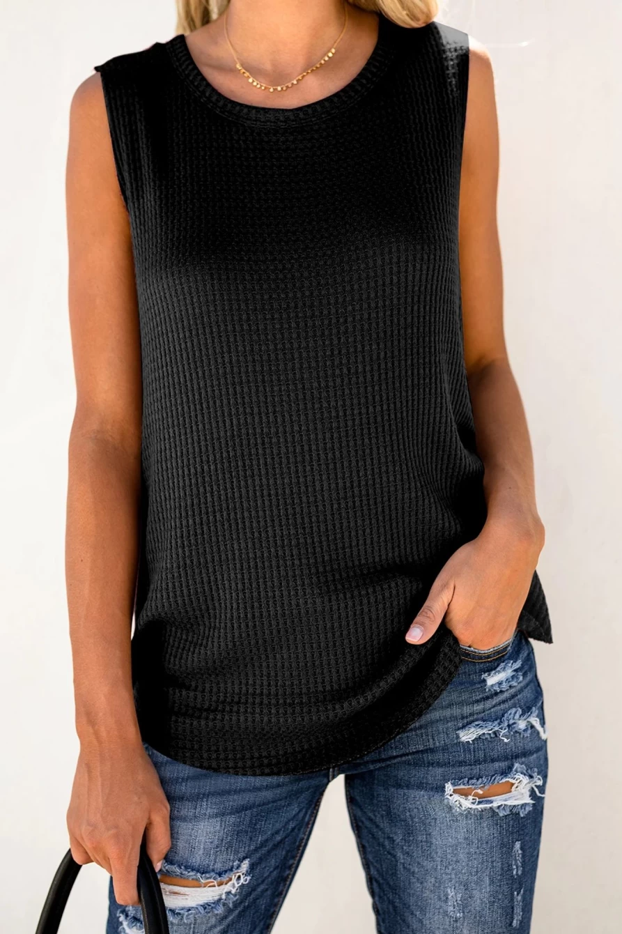 Shewin Women's Black Crew Neck Waffle Knit Tank Top - Basic Casual Sleeveless Shirt