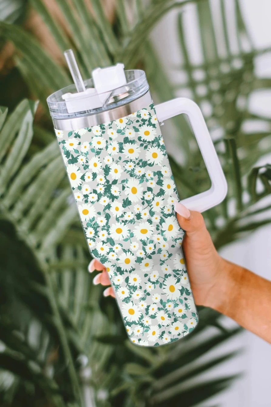 Shewin Mint Green Daisy Print Stainless Steel Vacuum Insulated Tumbler for Women