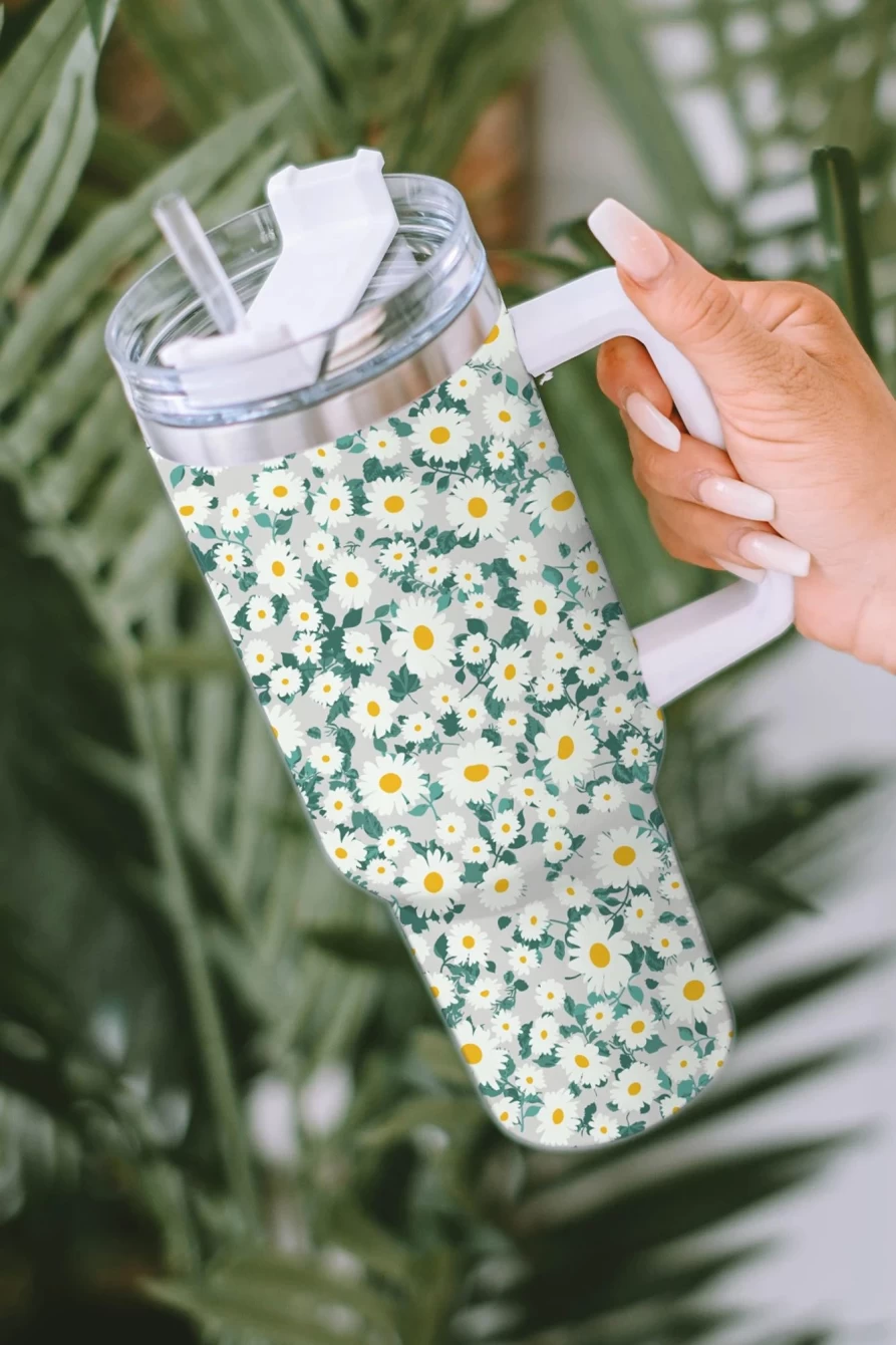 Shewin Mint Green Daisy Print Stainless Steel Vacuum Insulated Tumbler for Women