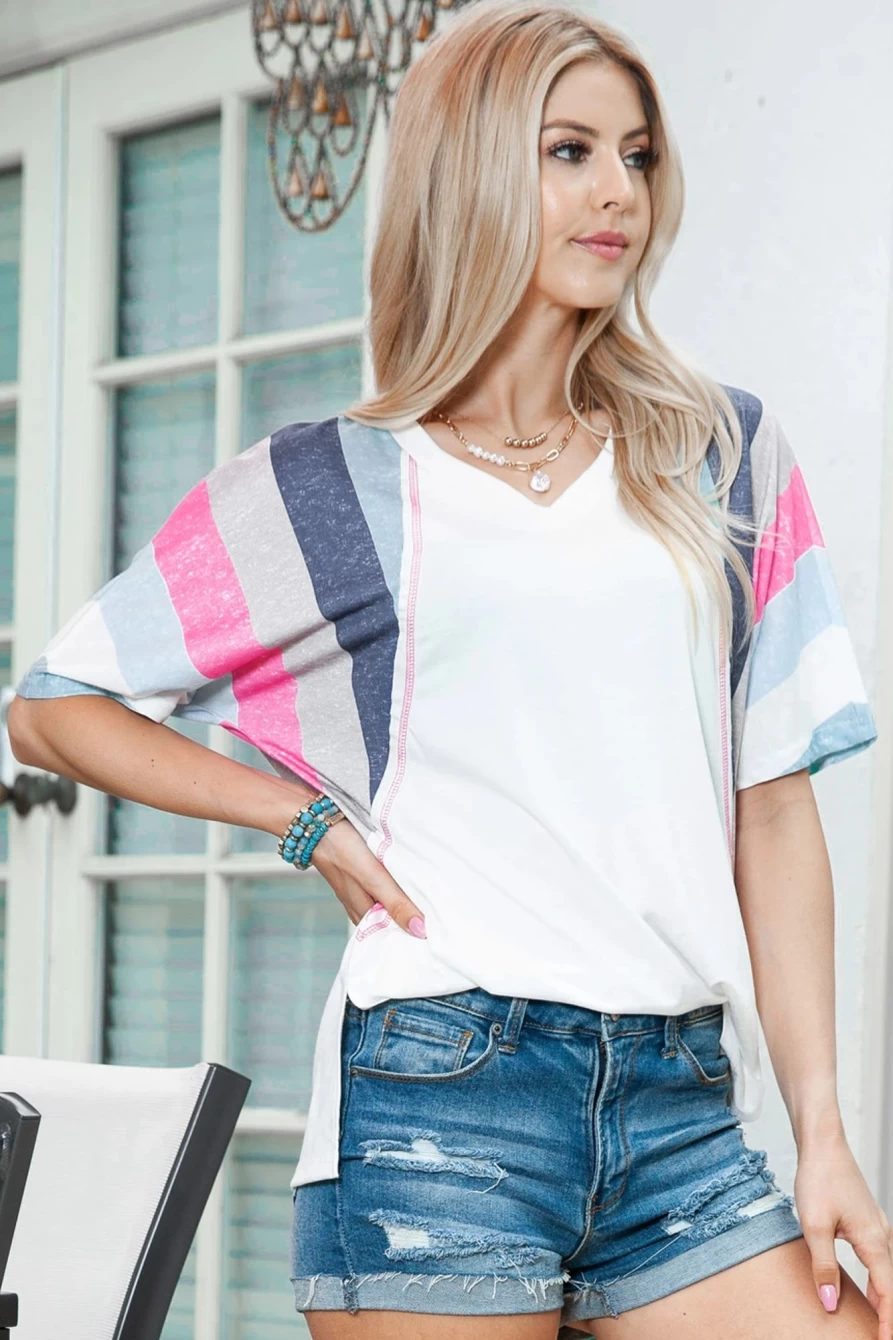 Shewin Women's White Stripe Patchwork V-Neck T-Shirt