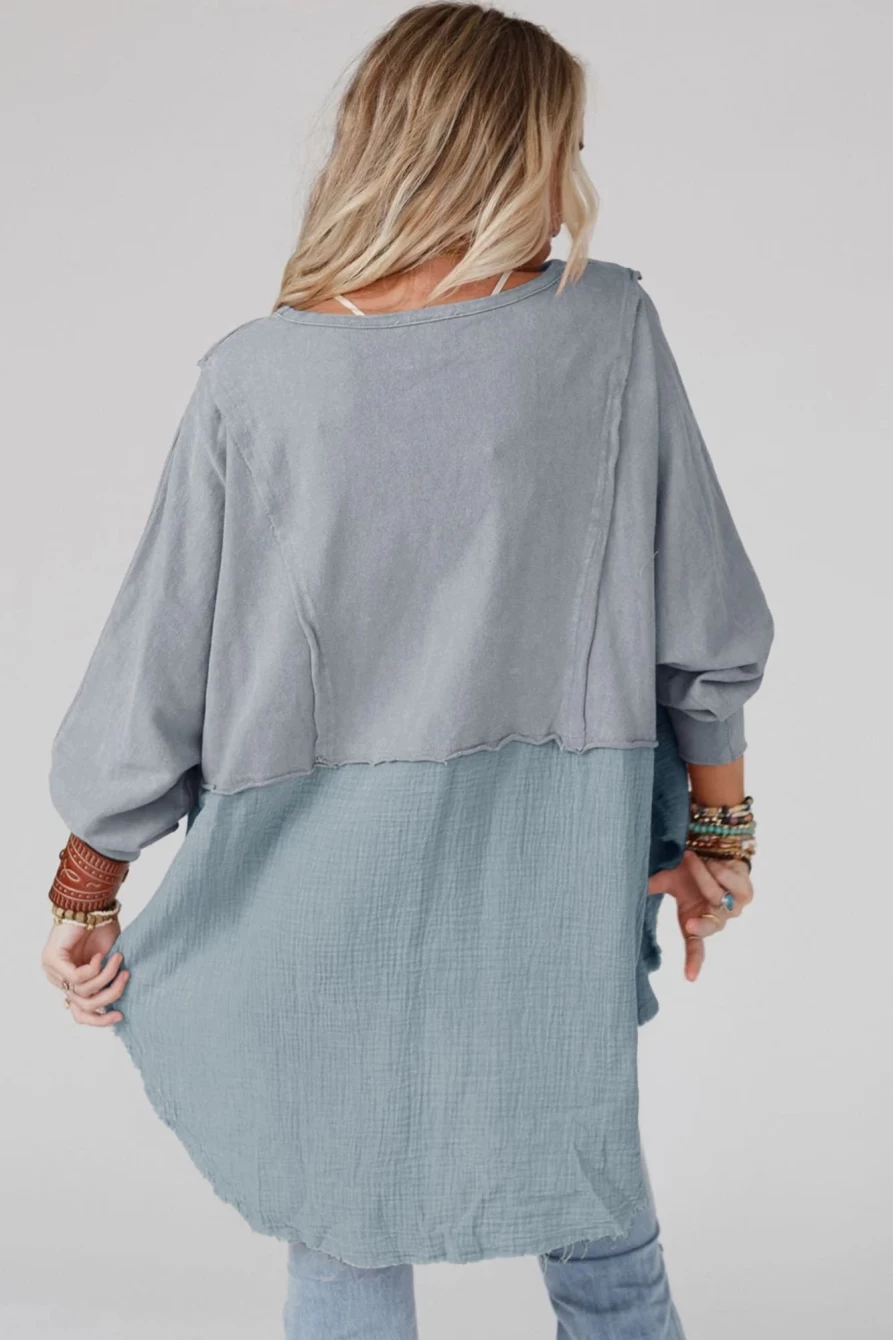 Shewin Women's Medium Grey Oversized Patchwork Top with Raw Hem & Crinkled Detail