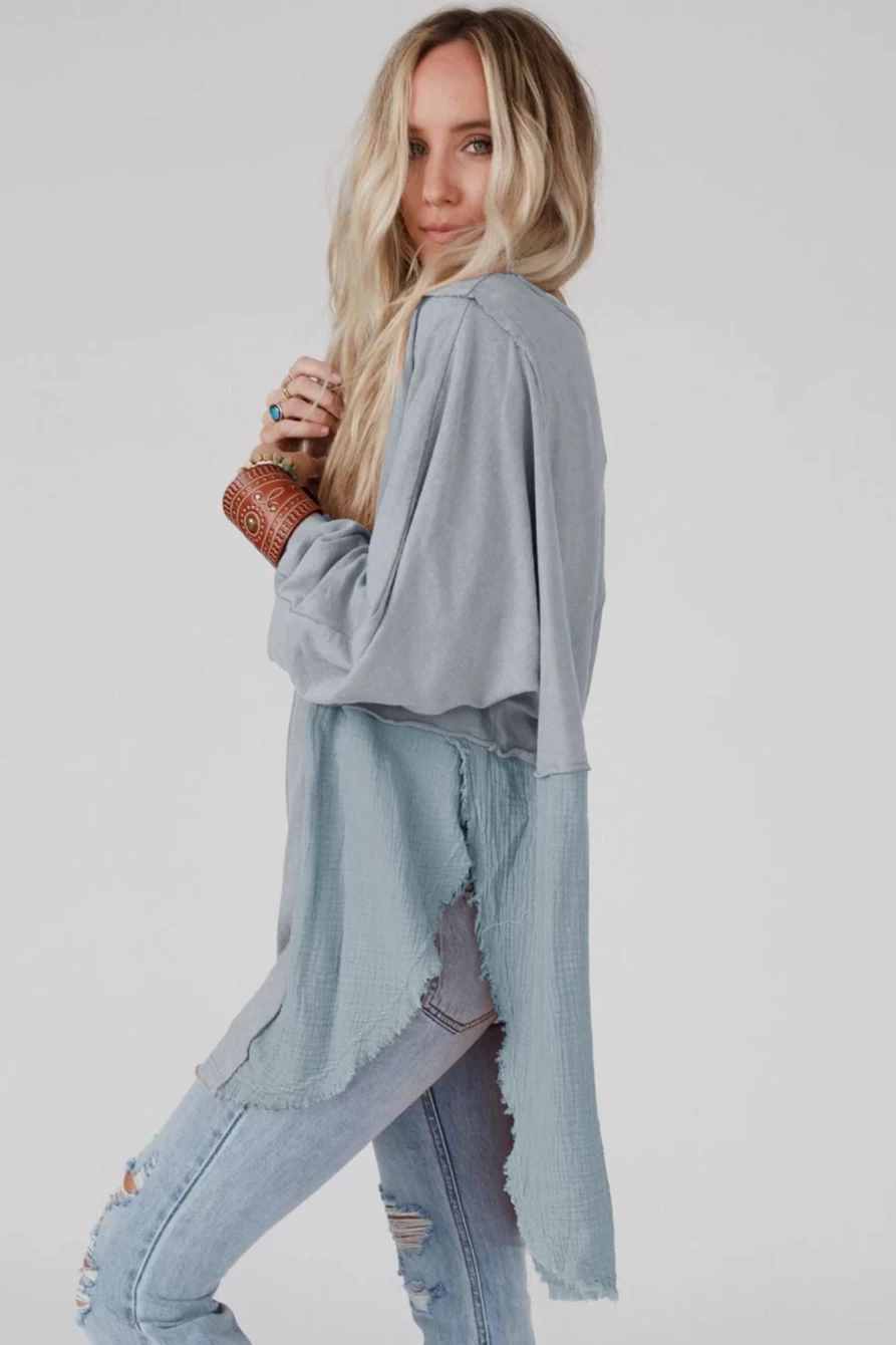 Shewin Women's Medium Grey Oversized Patchwork Top with Raw Hem & Crinkled Detail