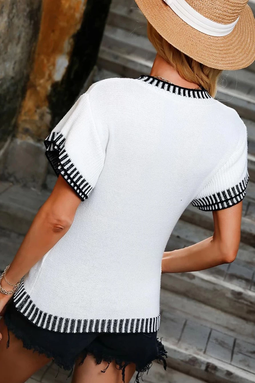 Shewin Women's White Contrast Trim Batwing Sleeve Knitted T-Shirt - Round Neck Casual Top