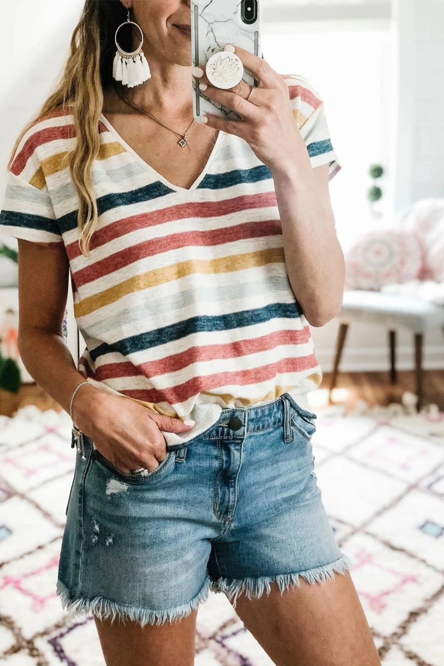 Shewin Women's Striped V-Neck Short Sleeve Casual T-Shirt - Multicolor S Print