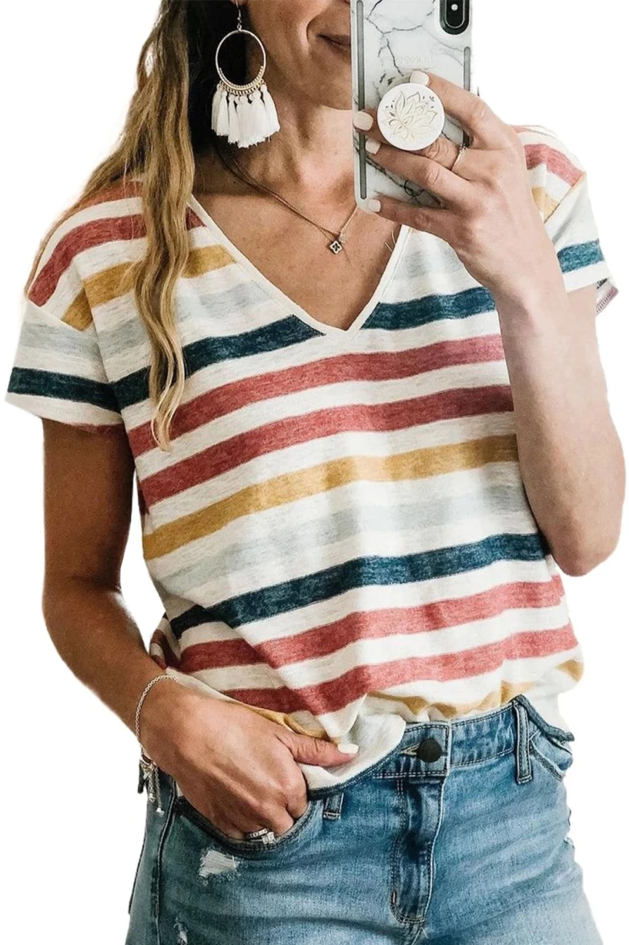 Shewin Women's Striped V-Neck Short Sleeve Casual T-Shirt - Multicolor S Print