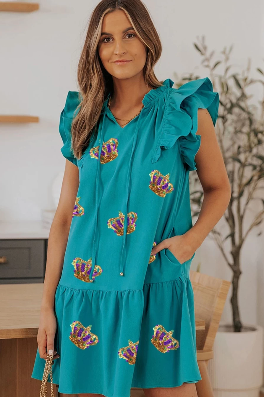 Shewin Women's Green Sequin Crown Mardi Gras Mini Dress with Tiered Ruffled Sleeves