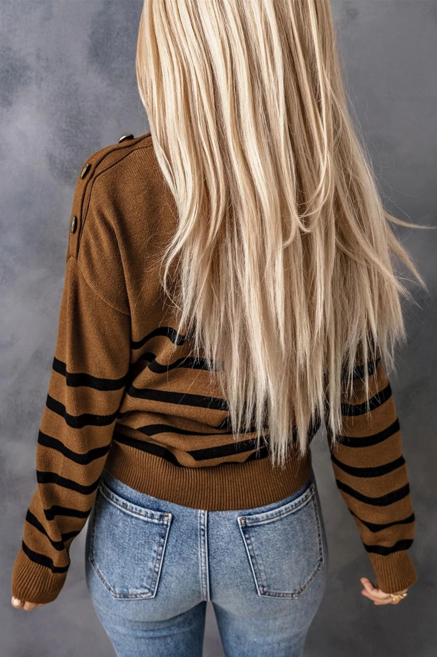 Shewin Women's Khaki Mock Neck Striped Drop Shoulder Buttoned Pullover Sweater
