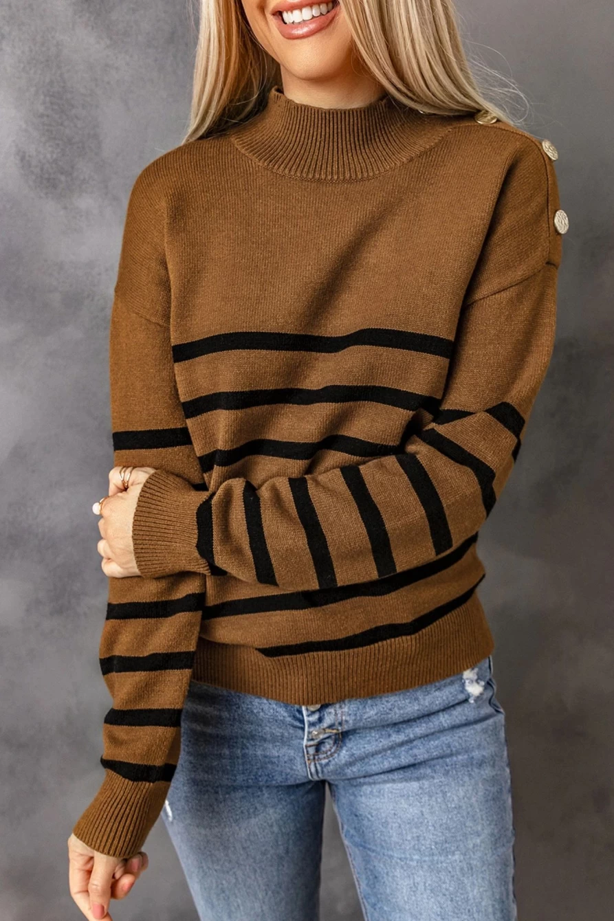 Shewin Women's Khaki Mock Neck Striped Drop Shoulder Buttoned Pullover Sweater
