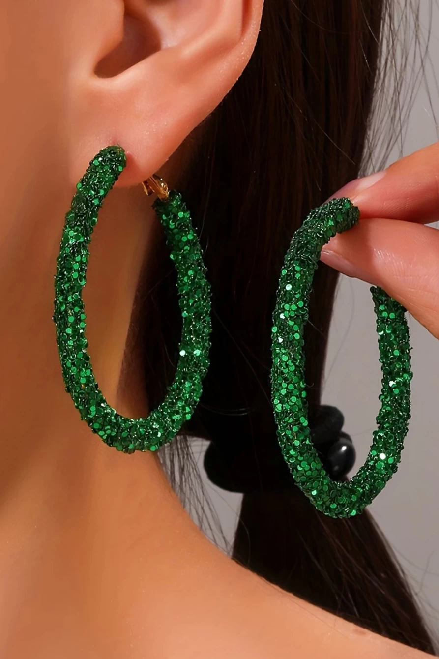 Shewin Dark Green Sequin Loop Earrings for Women | St. Patrick's Day Daring Style
