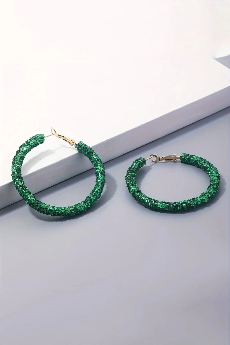 Shewin Dark Green Sequin Loop Earrings for Women | St. Patrick's Day Daring Style