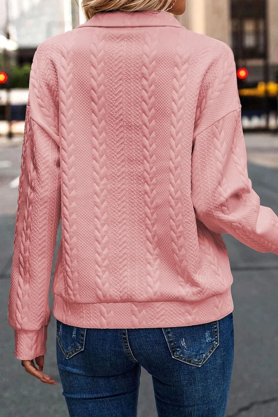 Shewin Women's Peach Blossom Quilted 1/4 Zip Textured Pullover Sweatshirt