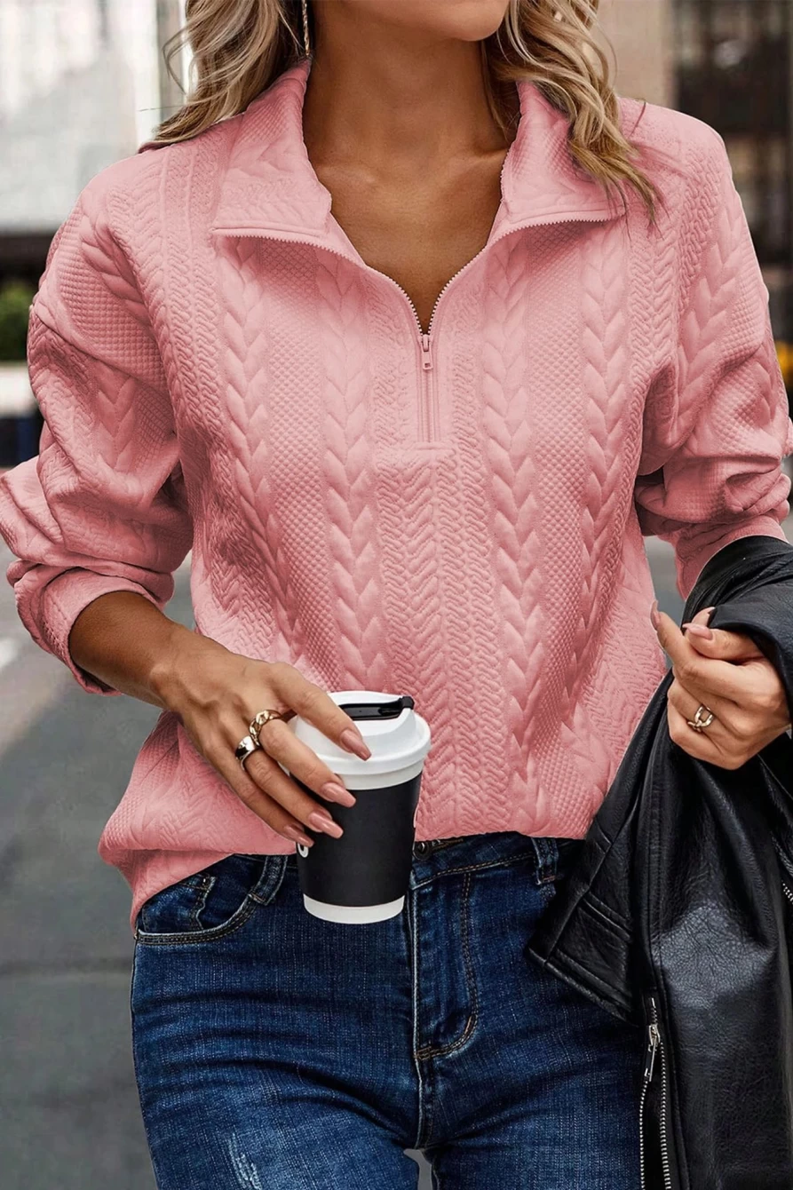 Shewin Women's Peach Blossom Quilted 1/4 Zip Textured Pullover Sweatshirt