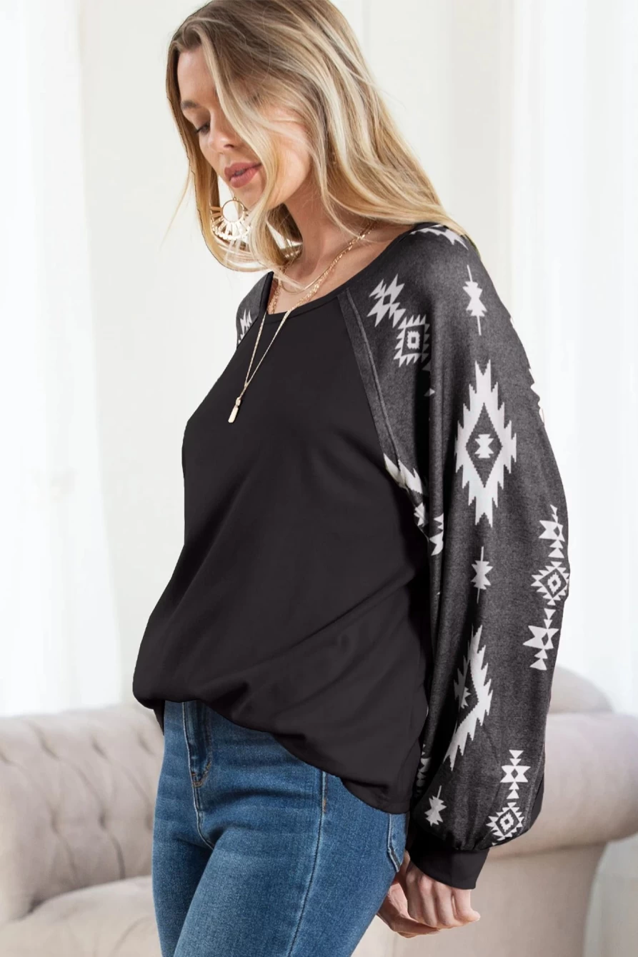 Shewin Women's Black Ethnic Geometric Print Long Sleeve Top