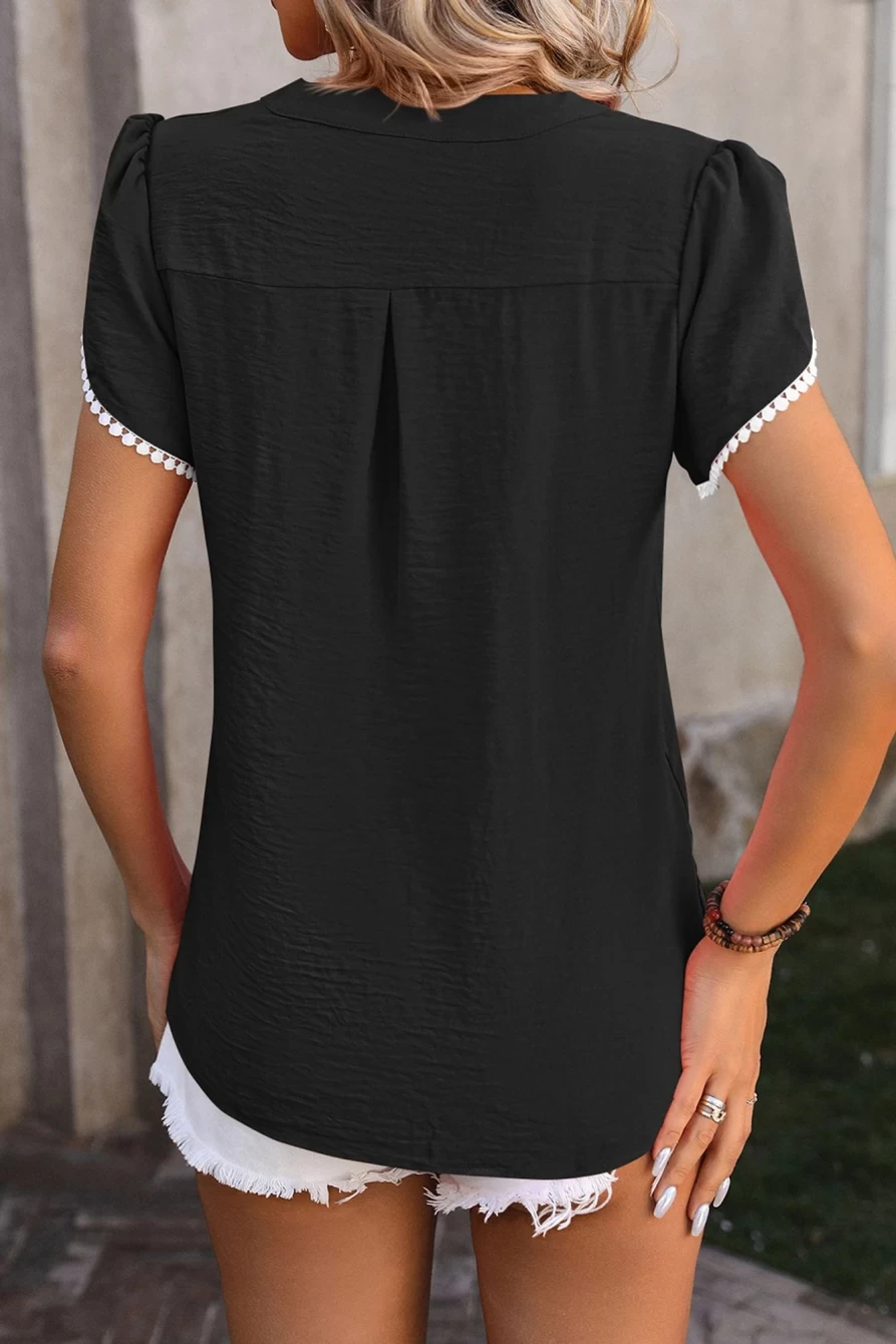 Shewin Women's Black Casual V-Neck Lace Contrast Petal Blouse Top