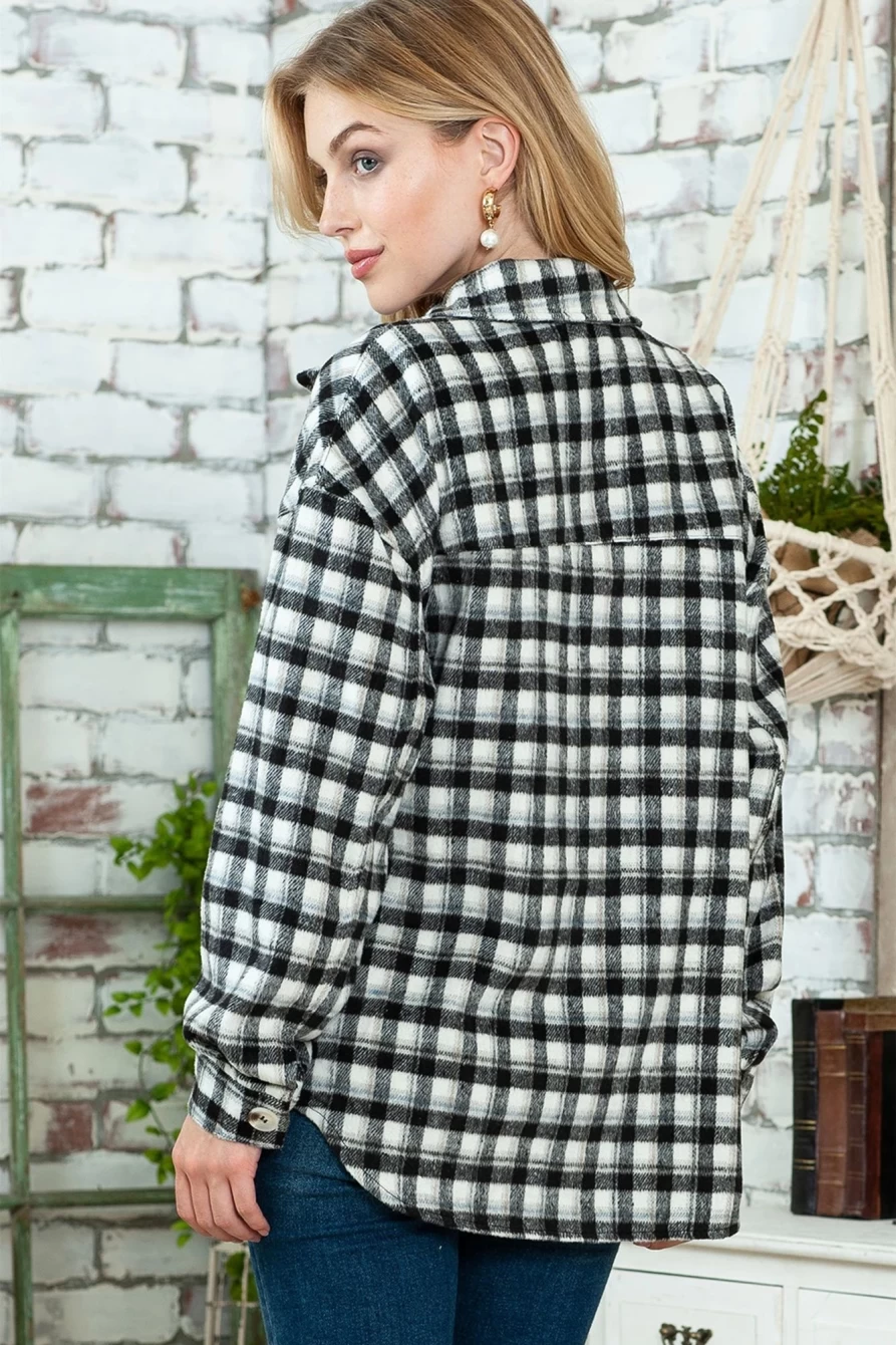 Women's Black Plaid Print Buttoned Shacket with Chest Pockets by Shewin