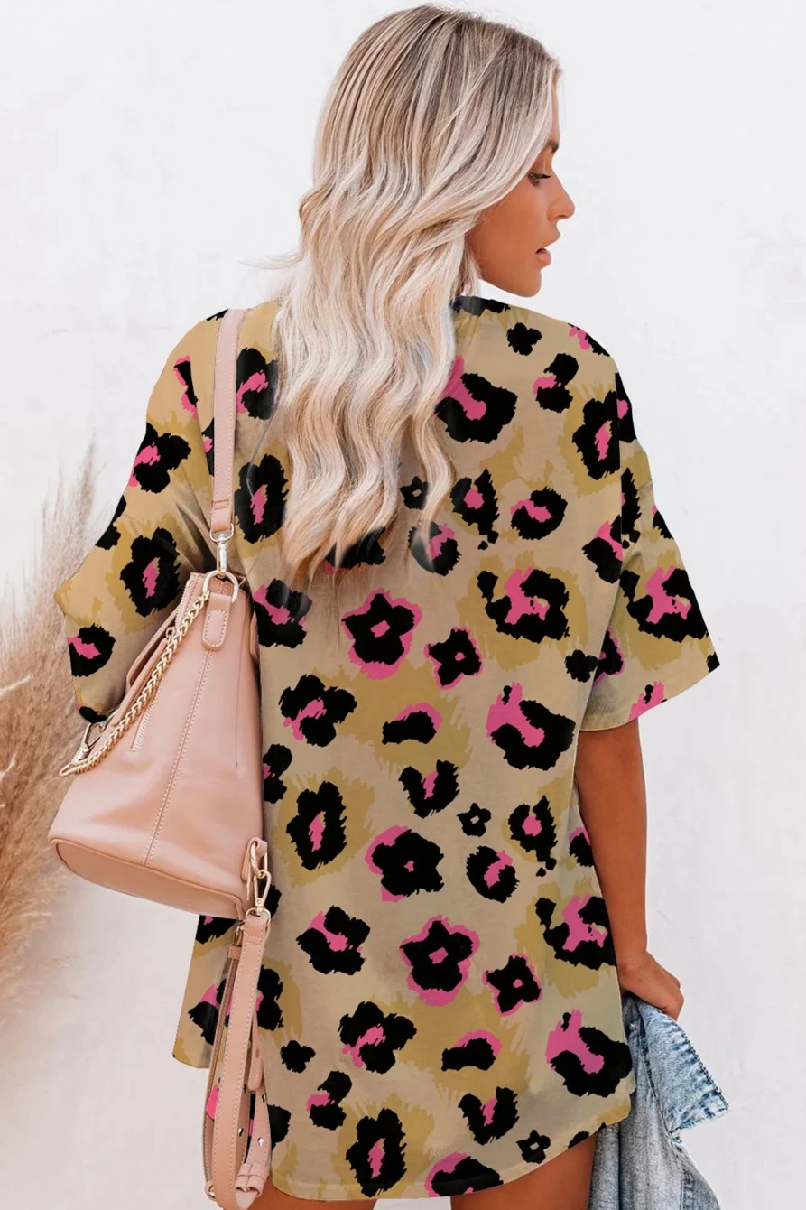 Shewin Women's Brown Cheetah Print Oversized Boyfriend T-Shirt Casual Comfort Fit