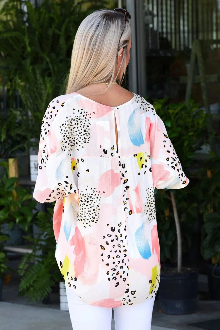 Shewin Women's White Tie Dye Leopard Print Keyhole Blouse with Color Block & Back Button Detail