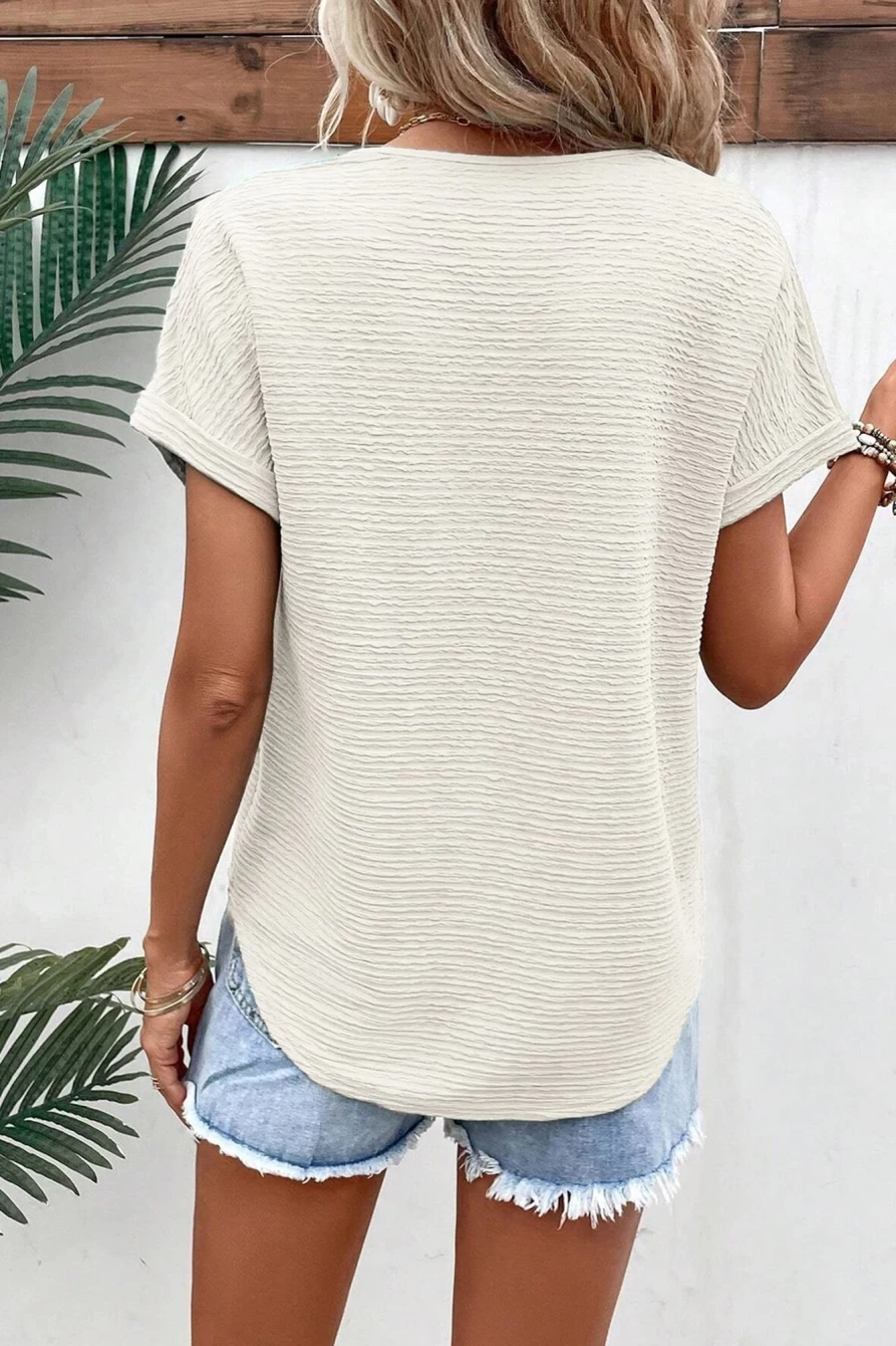 Shewin Women's Pale Khaki V-Neck Textured Blouse - Solid Color Casual Top