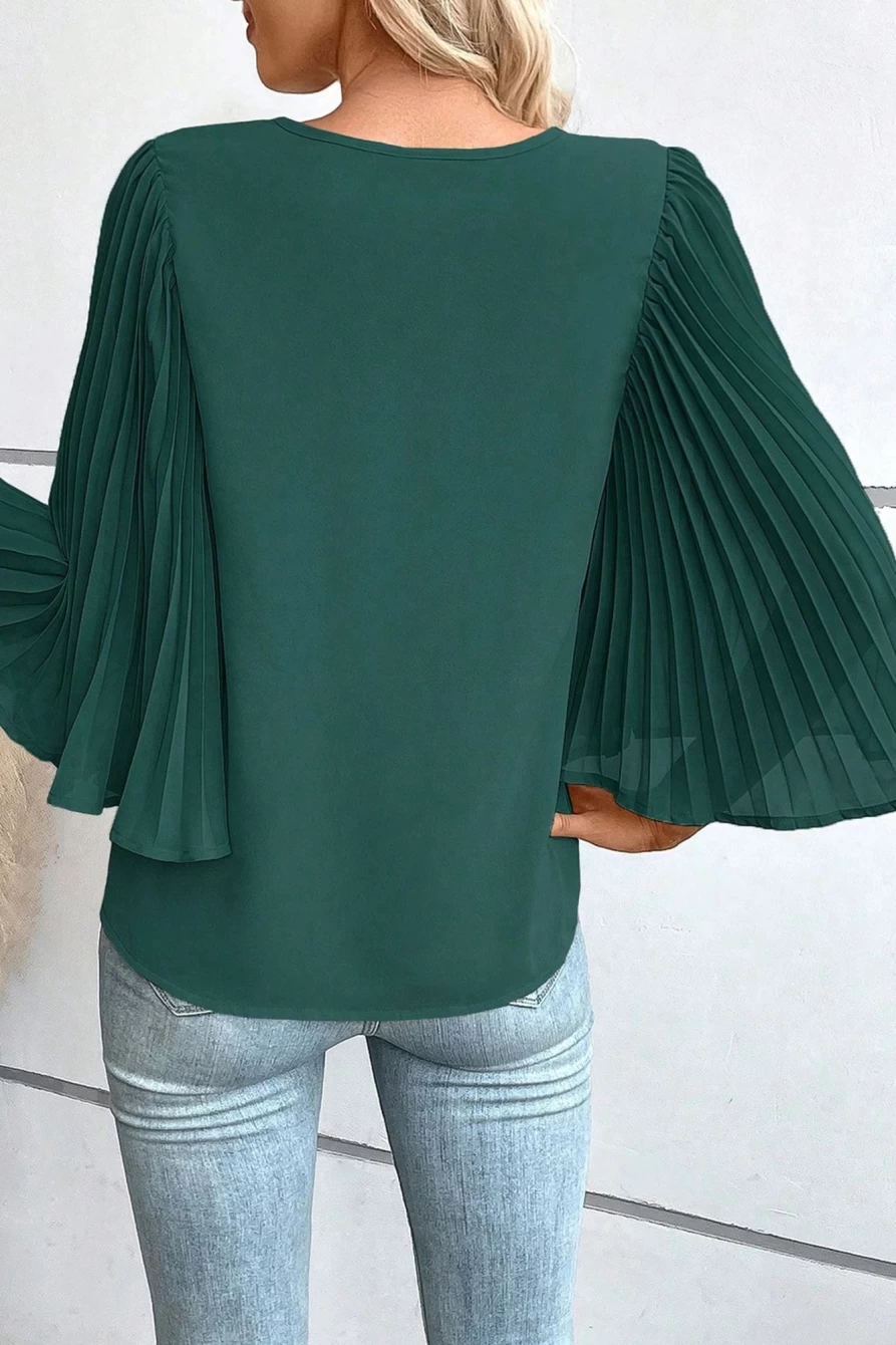 Shewin Women's Blackish Green Pleated Bell Sleeve V-Neck Blouse
