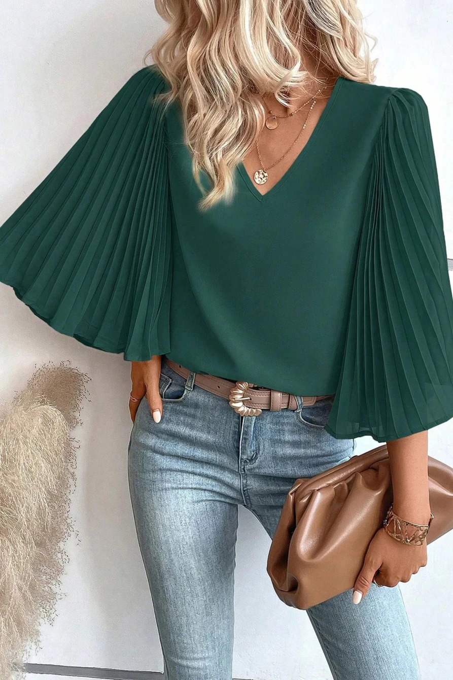 Shewin Women's Blackish Green Pleated Bell Sleeve V-Neck Blouse