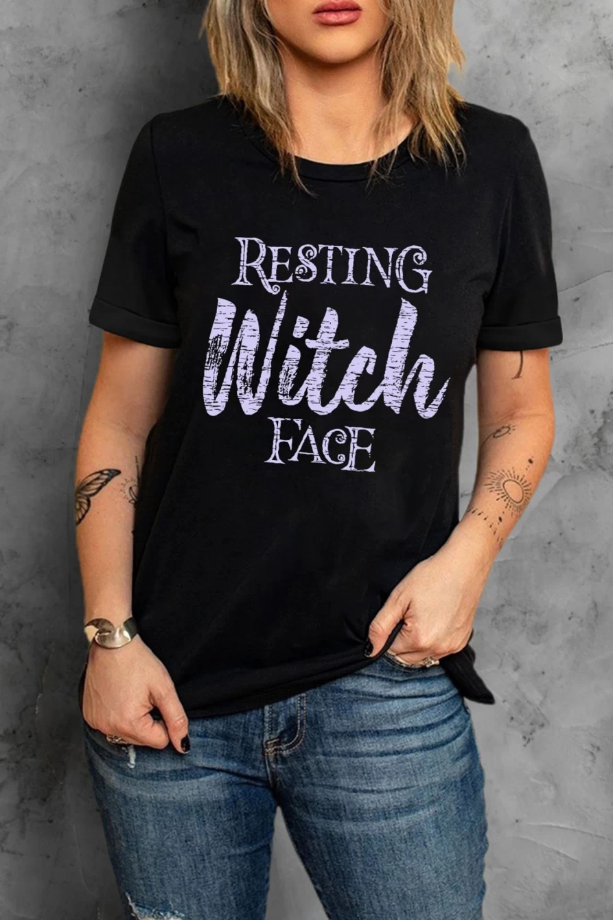 Shewin Women's Black Witch Casual Letter Print Graphic Tee - Stylish Gothic T-Shirt