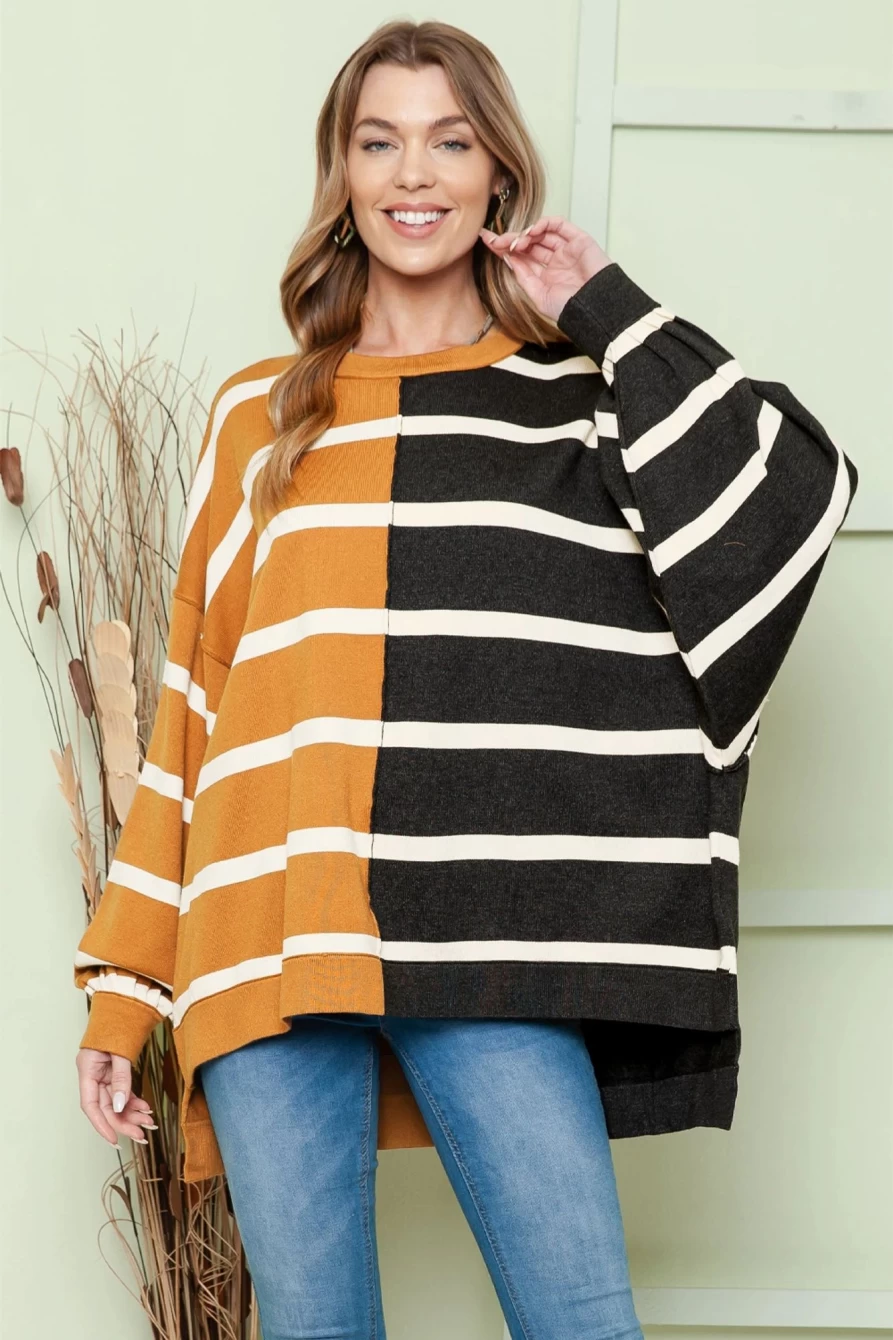 Shewin Women's Striped Contrast Print Oversized Dropped Shoulder Top