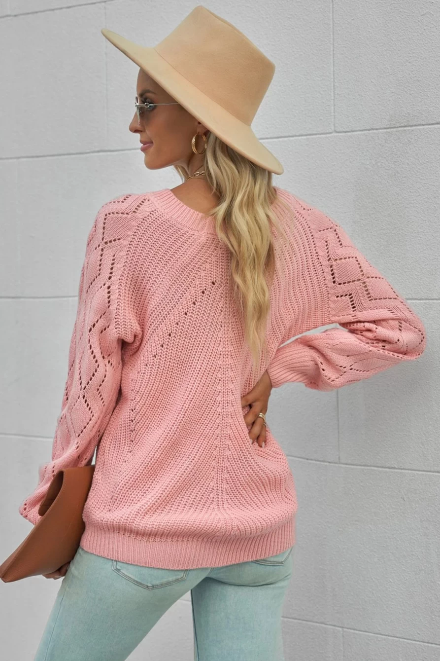 Shewin Women's Pink Knit Hollow Out Long Sleeve Pullover Sweater