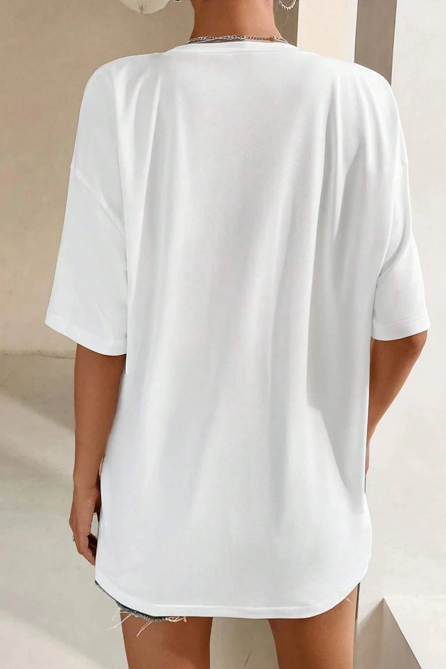 Shewin Women's White Oversized Chenille Letter T-Shirt - Good Vibes Casual Tee