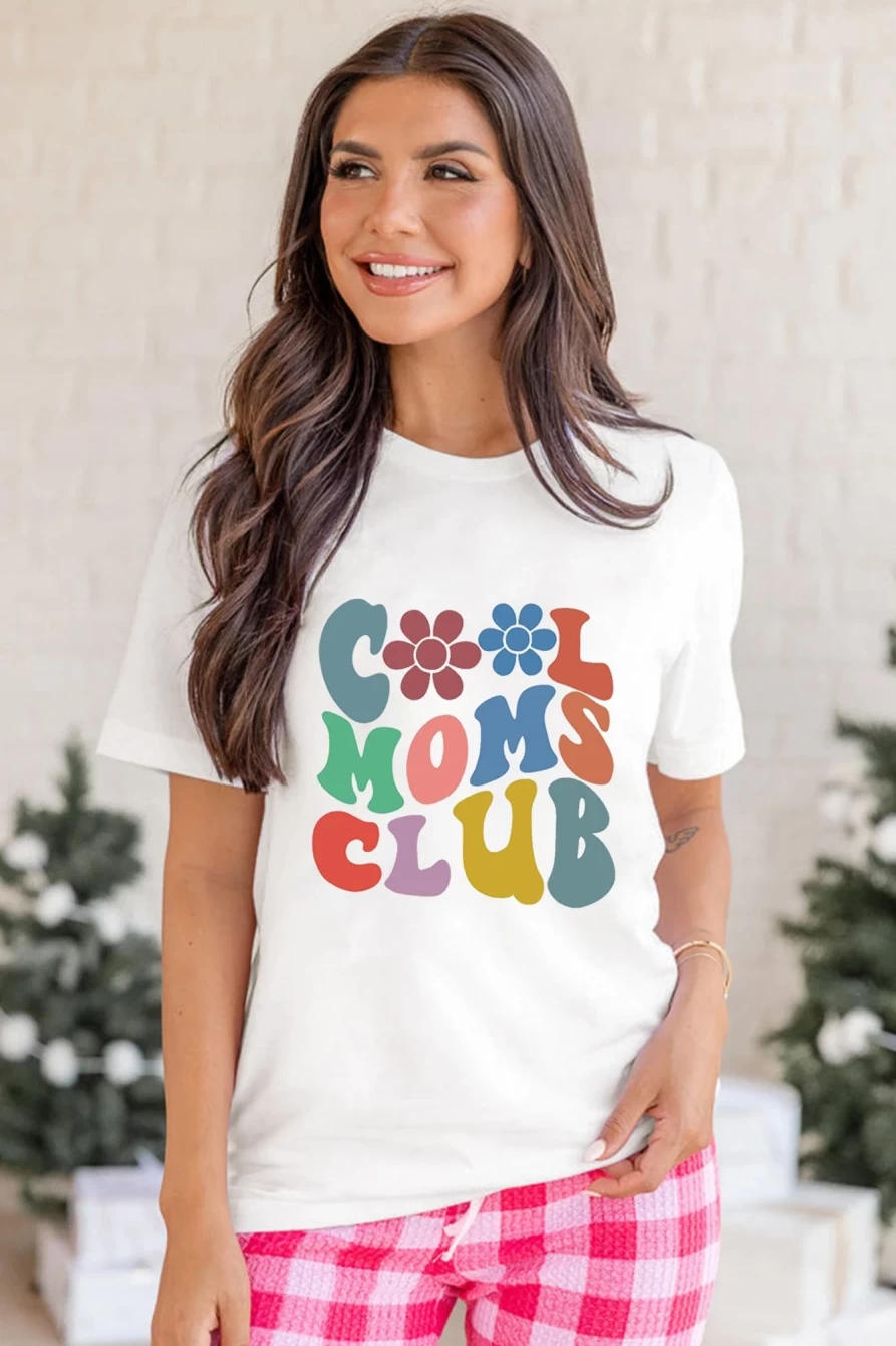 Shewin Women's White Floral Graphic Crew Neck T-Shirt - Cool Moms Club Tee