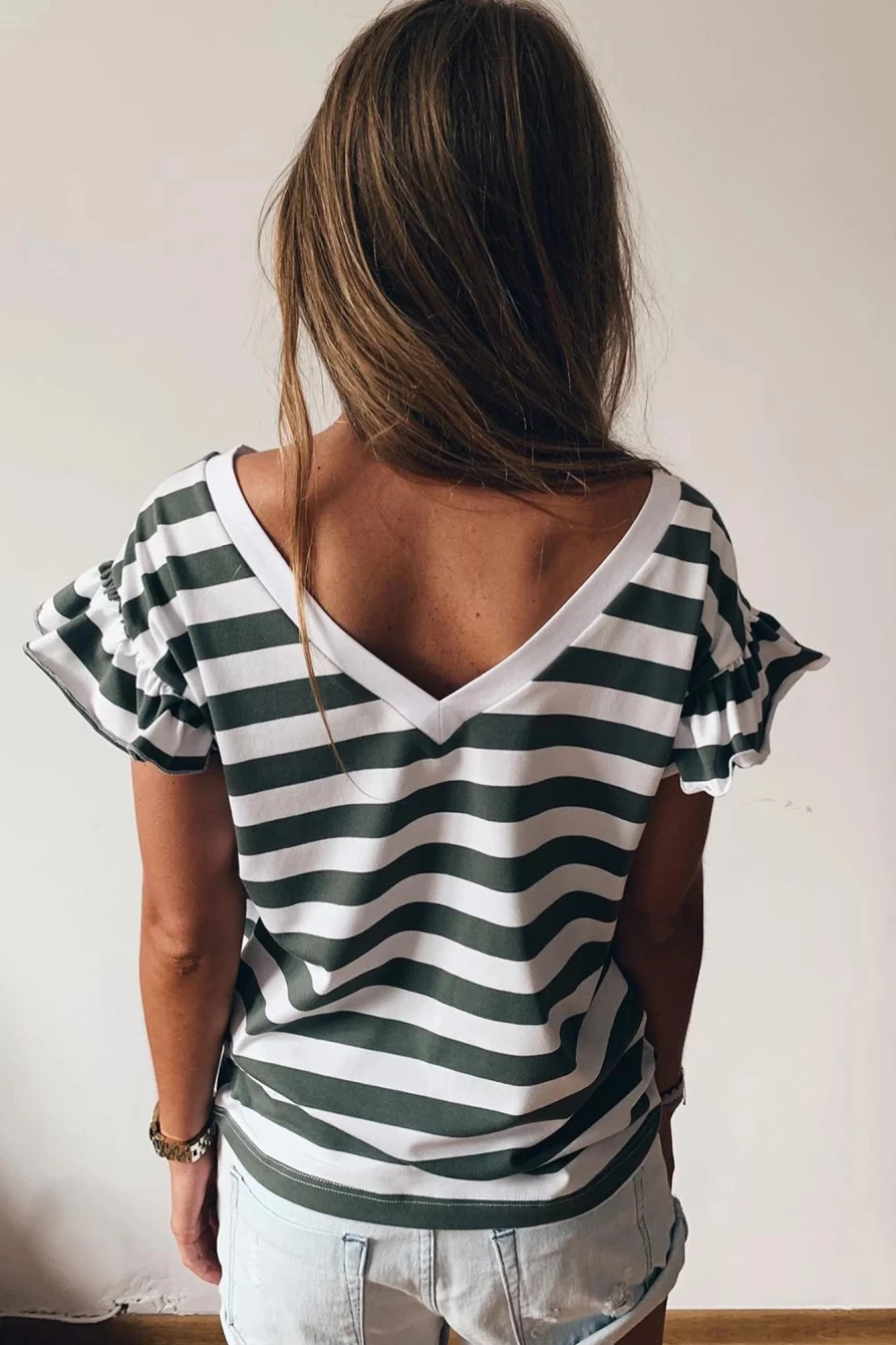 Shewin Women's Sea Green Striped V-Neck Top with Ruffle Sleeves