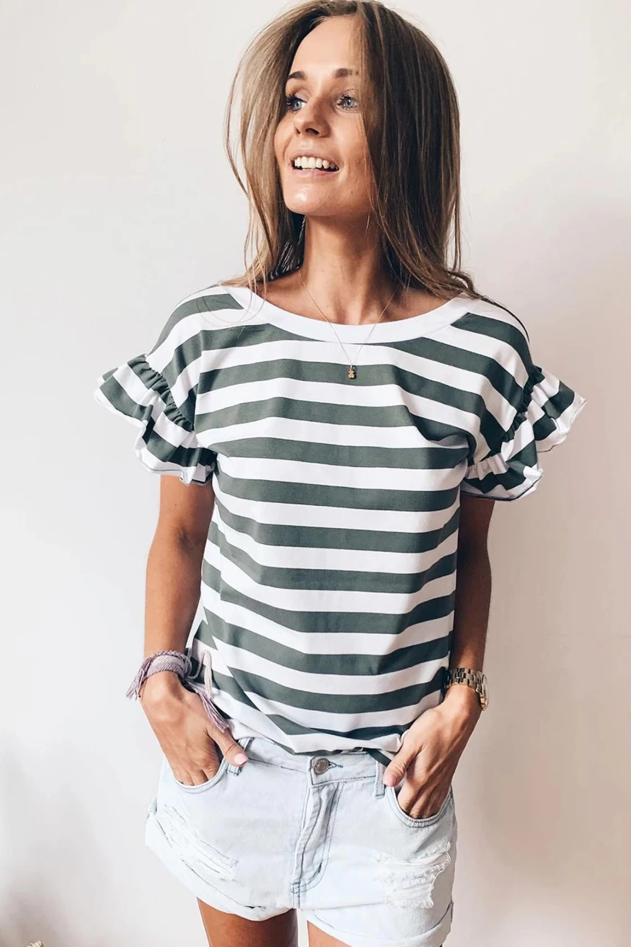 Shewin Women's Sea Green Striped V-Neck Top with Ruffle Sleeves